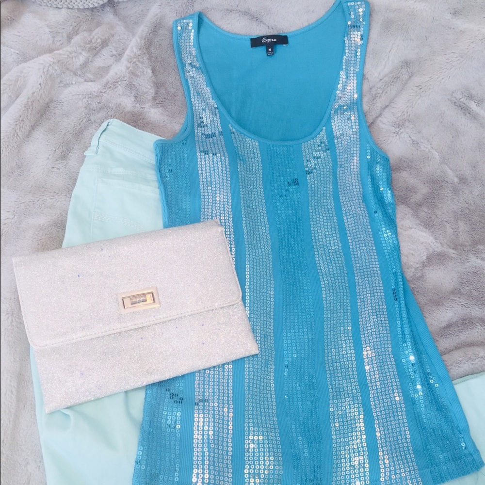 Express Sequin Teal M Tank Top
